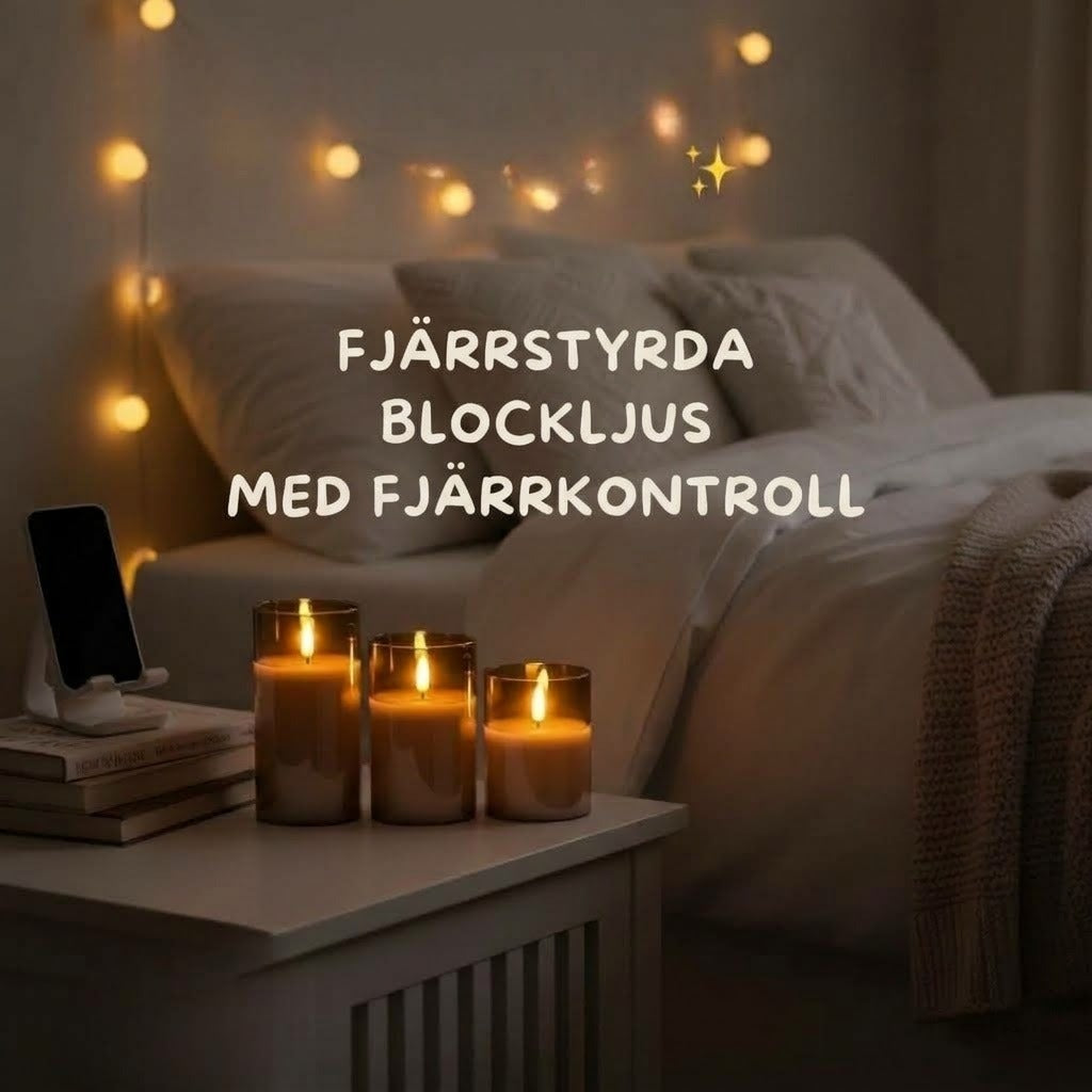 Tre tända Flamerick-blockljus på ett vitt nattbord bredvid en säng, med telefon och böcker, och en rubrik om fjärrstyring.